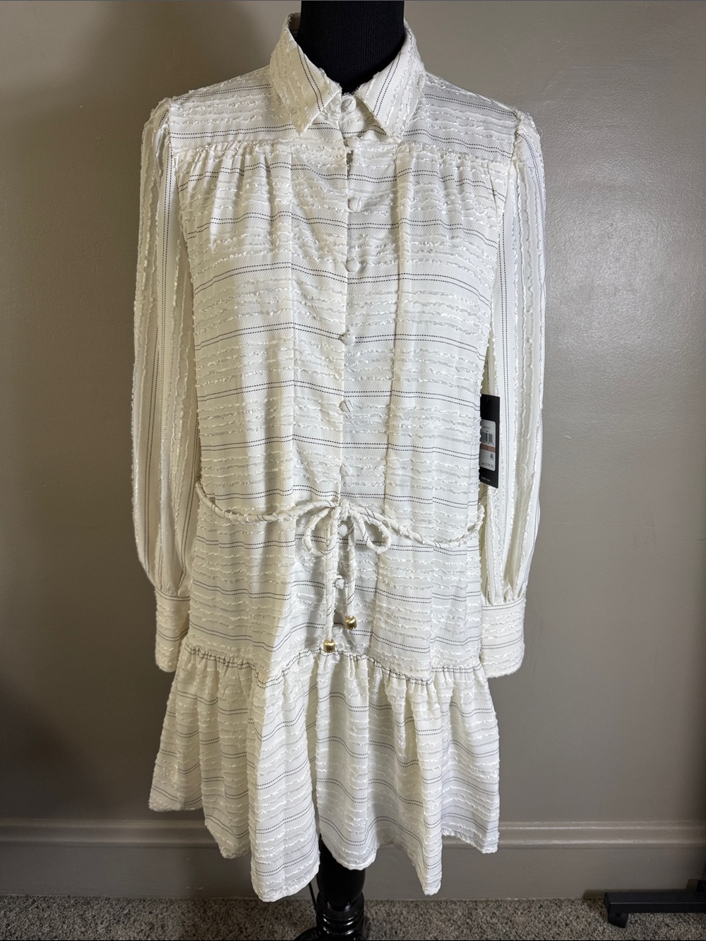 BCBG Button Down Mini Shirt Dress White Textured & Thin Black Stripes Sz 12 NWT